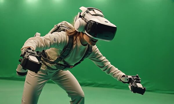Person wearing a VR headset and haptic suit interacting with a virtual environment