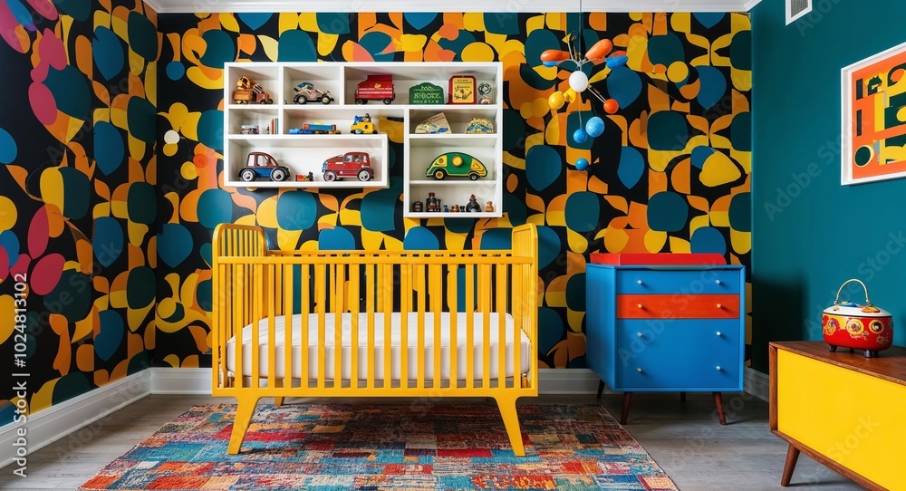 Wall mural retro nursery with bold patterns on the walls a bright colored crib and vintage toys displayed on a 