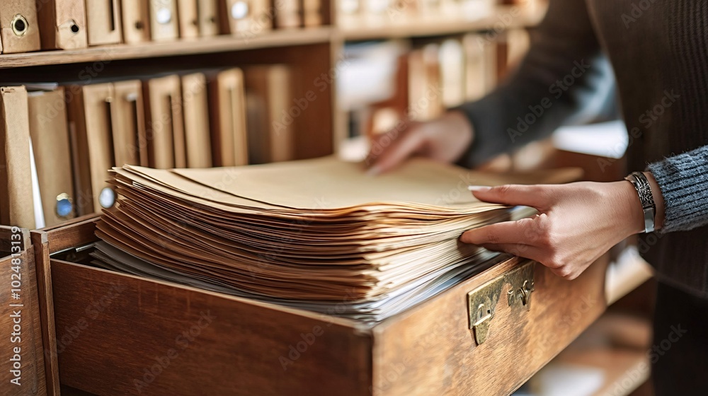 Aufkleber person filing paperwork into a cabinet while managing digital documents on a laptop stock photo with