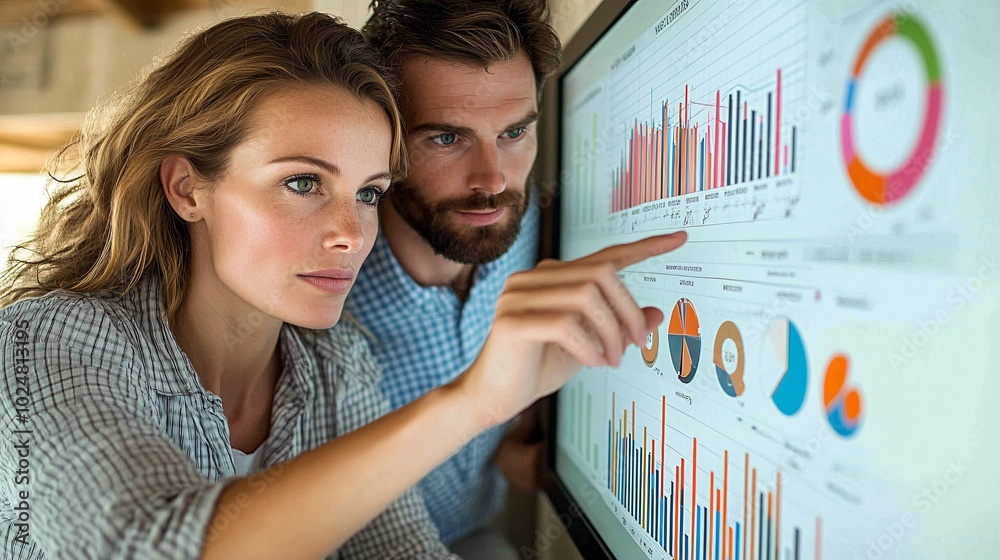 Poster Employees interacting with a large touch screen display to analyze business data in real time Stock Photo with side copy space