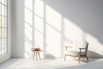 Minimalist interior with chair and table, sunlight from window