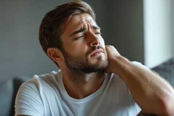 Fototapeta premium Shoulder Pain. Unhappy Man Suffering from Neck or Shoulder Ache at Home