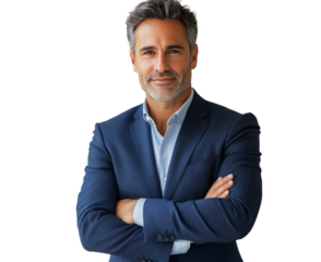 A man in a navy suit and light shirt stands with arms crossed, exuding confidence