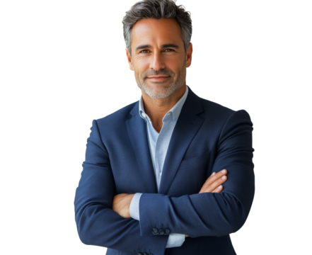 A man in a navy suit and light shirt stands with arms crossed, exuding confidence