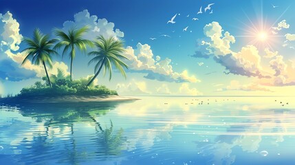 A cartoon illustration of a tropical island with palm trees and a beach.
