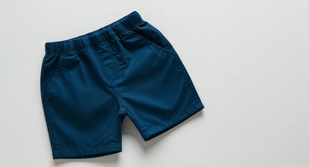 Small dark blue shorts for kid boys with elastic waistband on plain white background