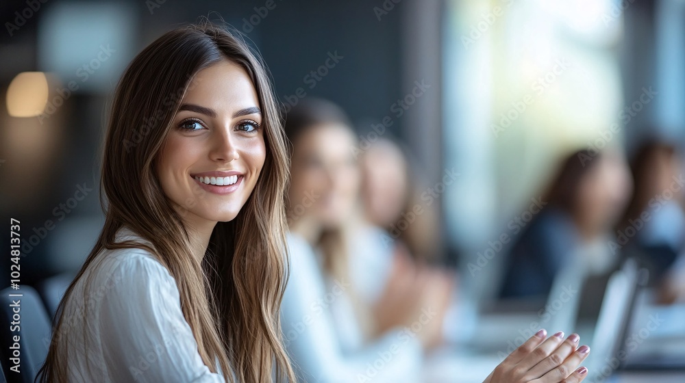 Poster colleagues laughing and clapping as they celebrate a successful project launch together stock photo 