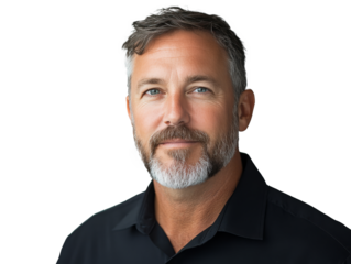 A man with a beard in a dark shirt poses confidently against a neutral background