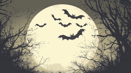 Eerie Bat-Filled Night Sky with Full Moon
