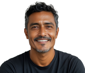 Joyful older man smiling against a plain background in a casual black shirt during daylight