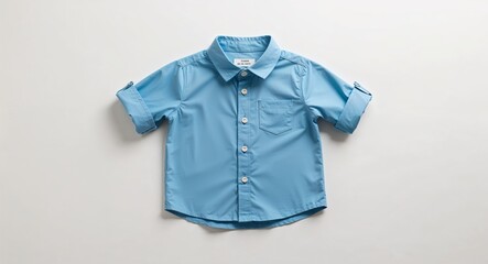 Small sky blue button up shirt for kid boys with rolled sleeves on plain white background