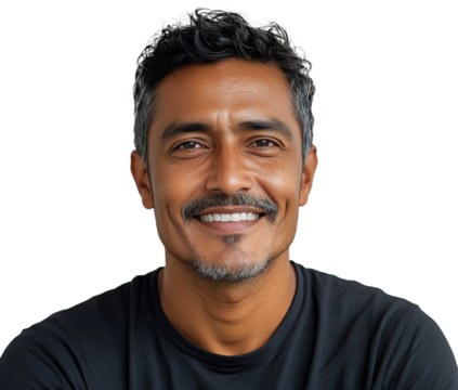 Joyful older man smiling against a plain background in a casual black shirt during daylight