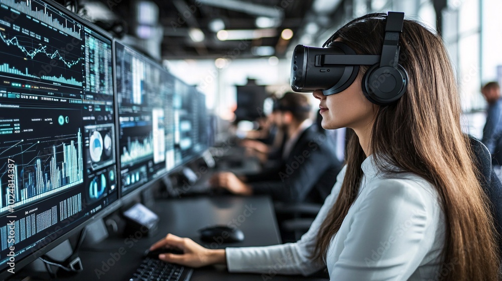 Poster business professionals interacting with a virtual reality headset and data analytics tools stock pho
