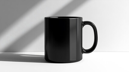 A black coffee mug sits on a white table with soft lighting.