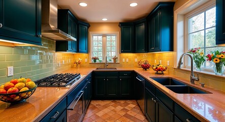 Spacious kitchen with an L shaped layout a double sink and colorful fruit displayed on the counter