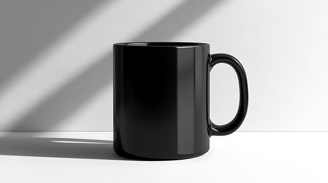 A black coffee mug sits on a white table with soft lighting.