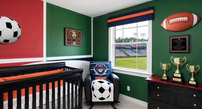 Sports themed nursery with walls painted in team colors a crib with a soccer ball print and trophies displayed