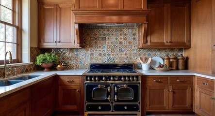 Traditional kitchen with a tiled backsplash wooden cabinets and a vintage stove