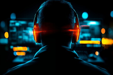 Young man with headphones sitting in front of computer screens in dark environment