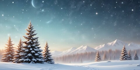 Fototapeta premium A snowy winter landscape with pine trees, glowing ornaments, and twinkling stars in the sky.