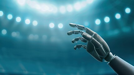 Fototapeta premium Robotic hand reaching in futuristic stadium lighting