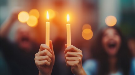 Hands holding lit candles during a gathering, symbolizing unity, hope, and celebration among a joyful crowd.