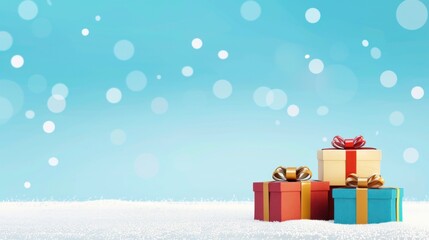 Colorful gift boxes tied with ribbons on snowy ground against sparkling blue sky