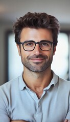 Obraz premium Portrait of a Confident, Handsome Man with Glasses, Wearing a Collared Shirt, Smiling at the Camera
