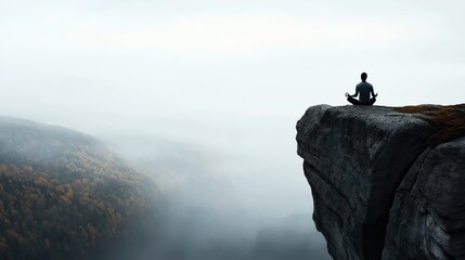 Obraz premium Person meditating at the edge of a cliff overlooking a misty forest and foggy valley
