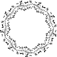 Round black and white frame with abstract decorative flowers. Copy space. Raster clip art.