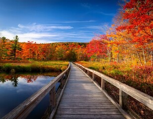 beautiful autumn colors along a boardwalk trail in the countryside of vermont usa