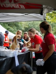 Pet owners bring pets to outdoor blood donation event in park, engaging with volunteers and veterinarians in lively atmosphere with treats and banners.