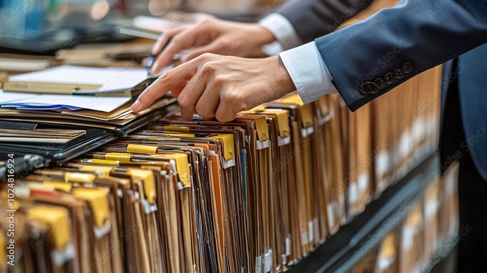 Aufkleber worker digitizing documents while organizing files in a minimalist and clean office space stock phot