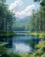 Serene mountain lake nestled amongst lush green trees with a blue sky and white fluffy clouds.