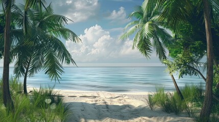 Fototapeta premium Scenic tropical beach framed by palm trees and a calm blue sea under a clear sky. Concept of vacation, relaxation, and tropical paradise.