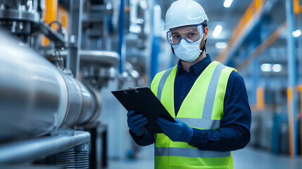 A male factory worker wearing a hard hat, face mask, and safety vest checks inventory on a clipboard in an industrial setting, surrounded by machinery and pipelines.