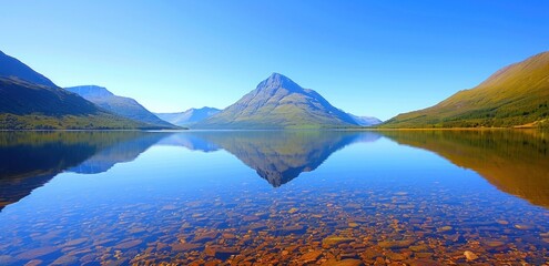 Obraz premium Serene mountain reflection on clear blue lake surrounded by lush green landscape