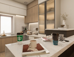 3D Rendering Modern kitchen design with natural stone granite. Stone top and island with detail of interior faucet and home appliances.
