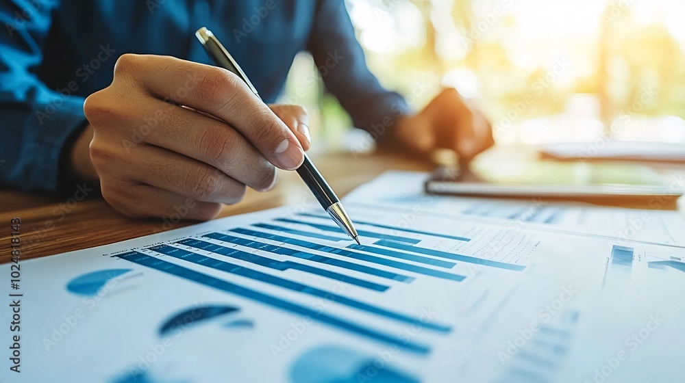 Poster Team discussing data insights during a formal business meeting in a corporate setting Stock Photo with side copy space