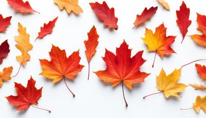 Verschiedenfarbige Herbstblätter in Rot, Orange und Gelb sind gleichmäßig auf einem weißen Hintergrund verteilt. Generative KI