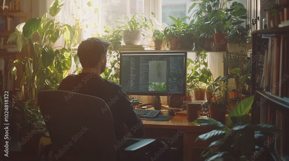 Poster work from home professional on a video call with a well-organized desk and plants stock photo with s