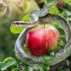 Snake in a apple tree next to a red apple representing original sin, An apple grows on an apple tree and a snake wraps around that apple.	