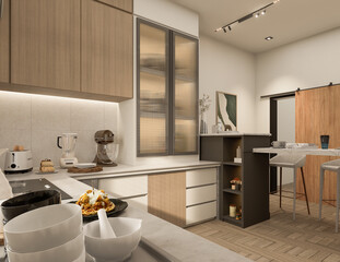 3D Rendering Modern kitchen design with natural stone granite. Stone top and island with detail of interior faucet and home appliances.
