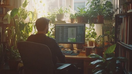 Work from home professional on a video call with a well-organized desk and plants Stock Photo with side copy space