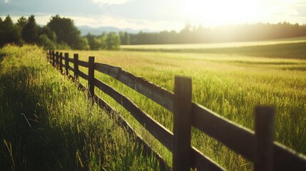 Obraz premium A quiet country field with a wooden fence under the summer sun, with space for text
