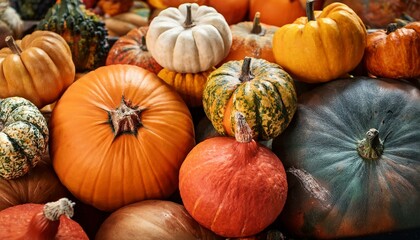colorful pumpkins and gourds on autumn market autumn background