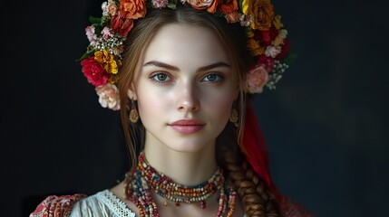 Polish Woman in Traditional Floral Wreath and Beads