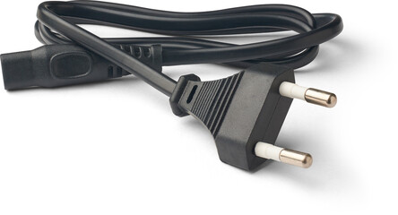 black wire cord with two round pins power plug or europlug isolated white background, side view of...