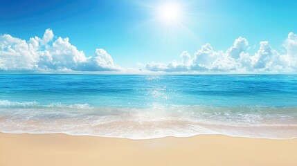 Fototapeta premium A sandy beach with calm waters under a bright summer sun, leaving space for text