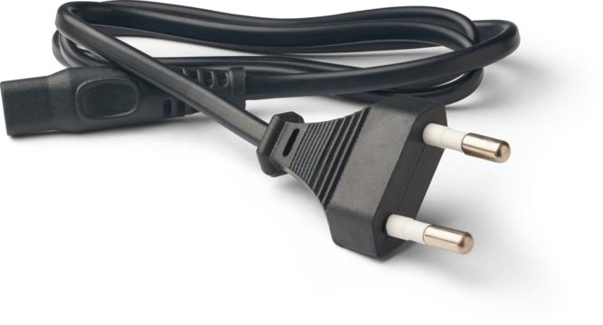 black wire cord with two round pins power plug or europlug isolated white background, side view of electrical cable used in low power devices
